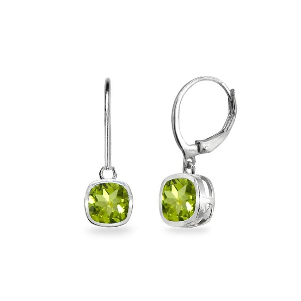 Sterling Silver Peridot 6mm Cushion-Cut Bezel-Set Dainty Dangle Leverback Earrings