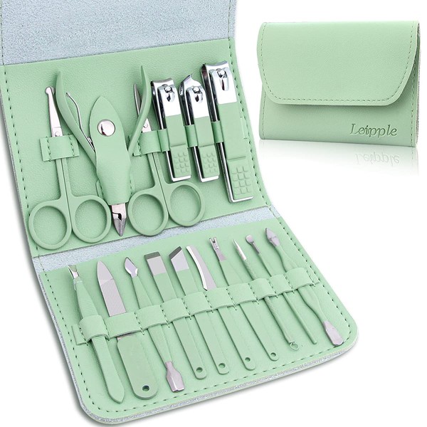 Leipple Manicure Set Professional Nail Clippers Kit Pedicure Kit -16 Pieces Care Set Made of Stainless Steel Nail Care Tools with Luxury Leather Travel Bag (Green)