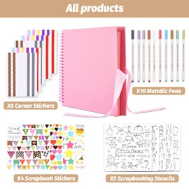 GOTIDEAL 12 x 12 Inch Scrapbook Album with 10 Metallic Markers,80 Pages Craft Paper Photo Album for Wedding and Anniversary, Family DIY Photo Album with Scrapbooking Stickers Corners(Pink)