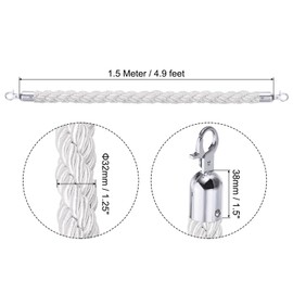 PATIKIL Stanchion Rope, 1.5m/5Ft Barrier Rope Twisted Post Ropes with Snap Hooks for Posts Stands Queue Divider Crowd Control of Hotel, White Silver