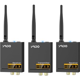 YMOO 3 in 1 2.4Ghz Wireless Audio Transmitter and Receiver,2 Receivers for Two Speakers,20ms Ultra Low Latency,192kHz/24bit HiFi,320ft Range RCA Jack Wireless Adapter for TV/Speaker/PC/Home Stereo