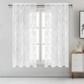 DWCN Floral Lace Sheer Curtains - Rod Pocket Window Voile Sheer Drapes for Bedroom Kitchen Short Curtains 42 x 63 inch Length, Set of 2 White Curtain Panels