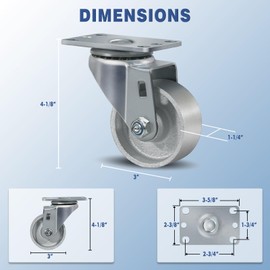 CWfutureparts 3" Caster Wheels Heavy Duty 1400 lbs，Swivel Casters Set of 4, Industrial Plate Casters, Semi Steel Cast Iron Wheels for Furniture,Workbench (4 Swivel)