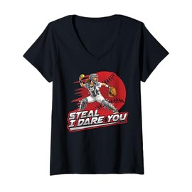 Womens Softball Girl Steal I Dare You Throwdown Catcher Art V-Neck T-Shirt