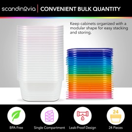 SCANDINOVIA - 25 oz Food Storage Containers with Lids - 24 sets - Dry & Hot Plastic Meal Prep - BPA Free Bento Box - Dishwasher, Microwave and Freezer Safe Stackable Clear Rectangle Bowls