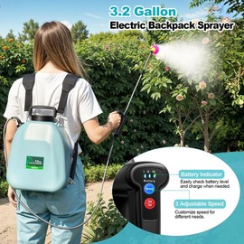3.2 Gallon Battery Powered Backpack Sprayer, Upgraded Electric Back Pack Sprayer with 3 Spray Speed, Battery Indicator, Rechargeable Handle, 41" Telescopic Wand, 5 Mist Nozzles, for Lawn and Garden