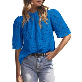 PRETTYGARDEN Summer Tops for Women 2025 Trendy Short Sleeve Eyelet Embroidered Dressy Casual Blouse Shirts (Brilliant Blue,X-Large)