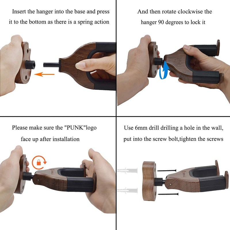 Guitar Shaped Solid Wood Detachable Gravity Lock Hook, Guitar Self-Locking