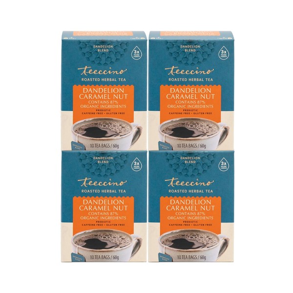 Teeccino Dandelion Caramel Nut Tea - Caffeine Free, Roasted Herbal Tea with Prebiotics, 3x More Herbs than Regular Tea Bags, Gluten Free - 10 Tea Bags (Pack of 4)