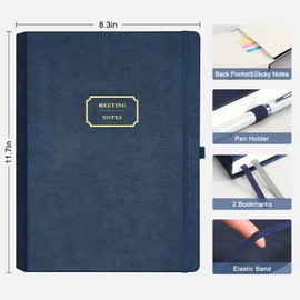 EMSHOI Meeting Notebook for Work with Action Items - 240 Pages A4 Large Project Planner Agenda Organizer Work Notebook for Women Men Office Business Notes, PU Leather Hardcover, 8.5" x 11", Blue