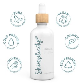 Skinplicity Organic Jojoba Oil for Personal Care, Skin and Hair Care Natural Cosmetics Cold Pressed and Vegan Cruelty Free For Dry Skin and Broken Hair