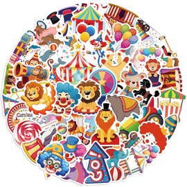 Funny Circus Stickers, 50PCS Cool Carnival Animal Stickers for Notepad Laptop Scrapbooking Water Bottle, Vinyl Waterproof Clown Show Decals for Boys Girls