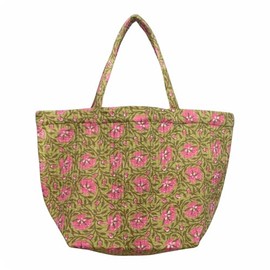 Namaste Trends 100% Cotton Quilted Shoulder Bag Tote Bag Beach Casual Work Bag Women Large Capacity Bags for Shopping (Causual, Green Pink Floral)
