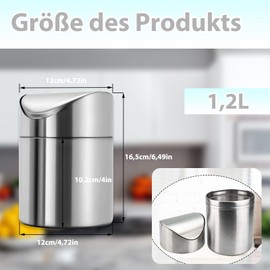 Table Rubbish Bin with Lid, Mini Stainless Steel Table Waste Bin, Desktop Waste Paper Bin, 1.2 L Swing Lid Bin, Cosmetic Bin, Stainless Steel Table Waste Bin for Home, Office, Washbasin (Silver)