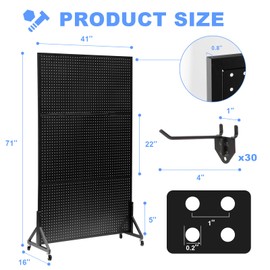 Eastern Tree Metal Pegboard Display Stand 3.5 x 6 Feet with 30 Hooks, Standing Pegboard Display with Wheels, Peg Board Display Rack, Large Pegboard Panels - Black