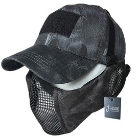 J-HARK Airsoft Mask Face Guard Tactical Cap Set with Ear Protection Anti-Fog Mesh Face Mask Survival Game Equipment (Typhone Black)