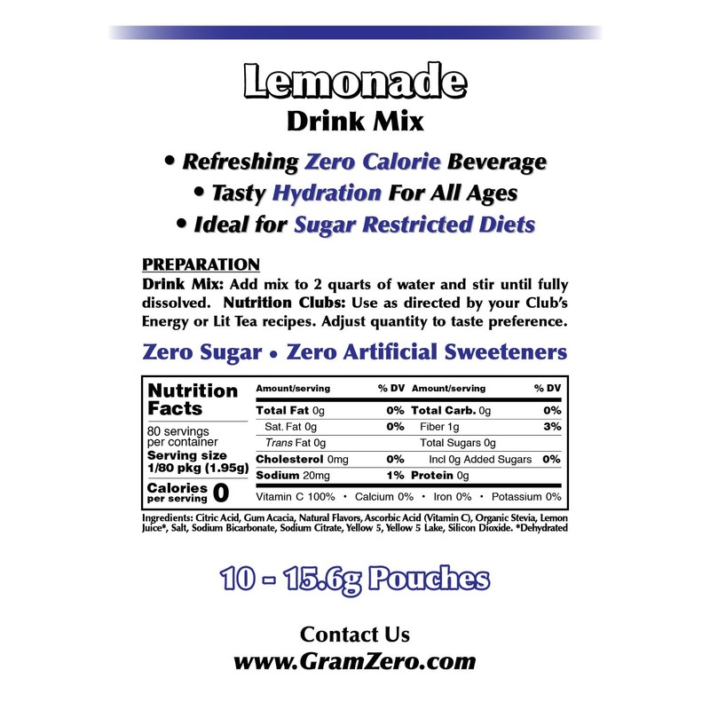 GramZero Lemonade, Sugar Free Drink Mix, Pitcher Pack, Great For