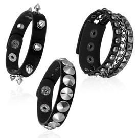 HJZHII 3PCS Leather Punk Rock Bracelets, Retro 80s Spiked Leather Cuff Bracelet Adjustable Steampunk Wristband Studded Wide Wristband for Men Women Party Accessories