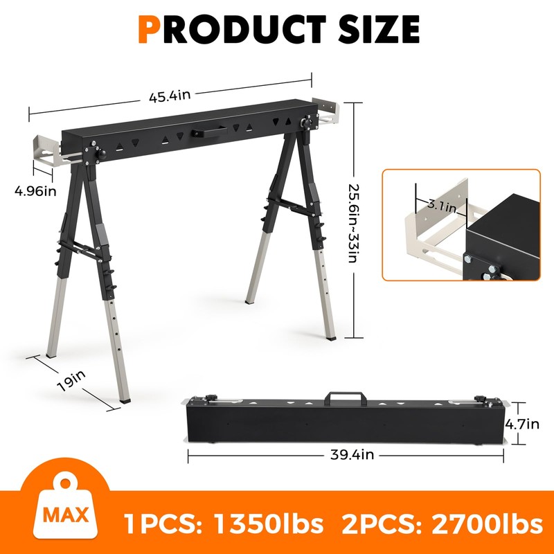 OLBRUS Heavy Duty Folding Sawhorse 2 Pack, Portable Metal Saw