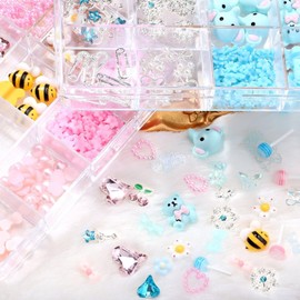 RUNRAYAY 12 Grid Blue Assorted Mix 3D Resin Nail Charms, Cute Resin Charms for Acrylic Nail Decoration DIY Crafts, Bow Hollow Love Bear Elephant Embellishments for Nail Design DIY