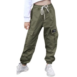 SANGTREE Girl Pants, Jogger Multi-Pocket Pull On Elastic Waist Cargo Pants with Drawstrings, Army Green, 3-4T = Tag 110