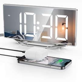 Digital Clock for Living Room, Slim LED Mirror Digital Alarm Clock with 2 USB Ports, Dual Alarms, 12/24H, Large Display with Diming Mode, Modern Electronic Clock for Bedroom Home Office Desk Decor