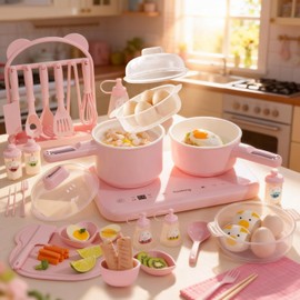 Cooking Sets Real Electric Dual Stove - Montessori Real Cooking Set with Mini Kitchen Tools, Safe Utensils, Apron & Cookware - Great for Pretend Play Montessori Learning (Pink)