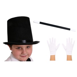 ILOVEFANCYDRESS® CHILDS MAGICIAN FANCY DRESS ACCESSORY COSTUME SET BLACK TOP HAT 55CM HEAD + MAGICIANS WAND + WHITE GLOVES KIDS MAGIC SET