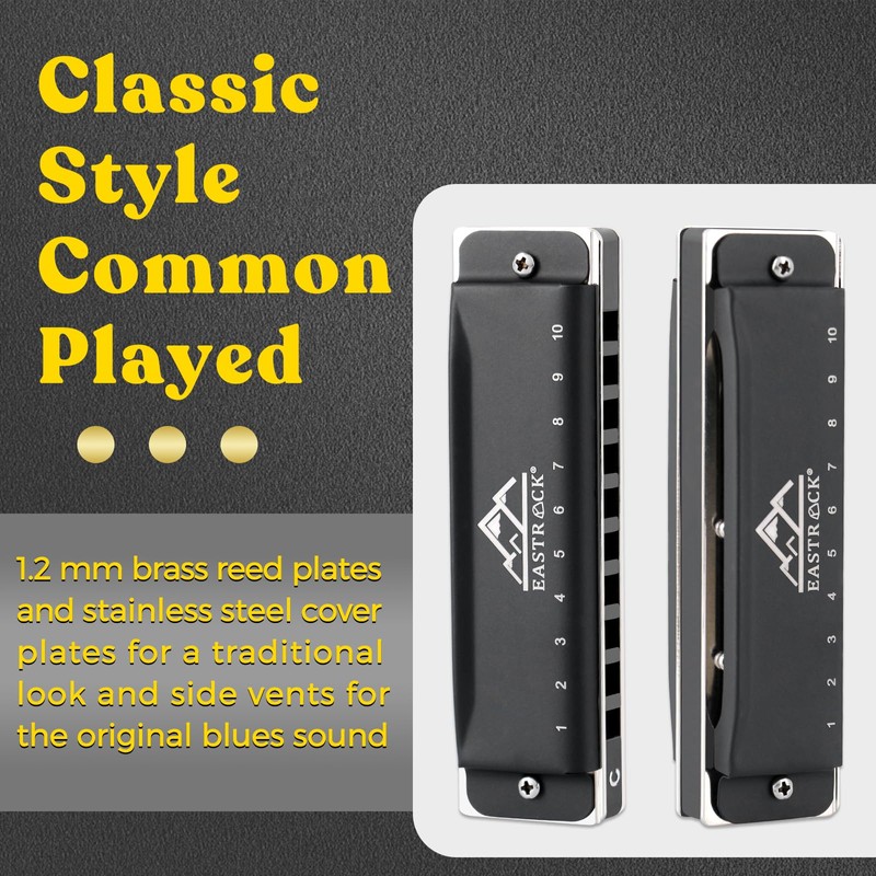EASTROCK Blues Harmonica with 10 Holes C Glazed Black