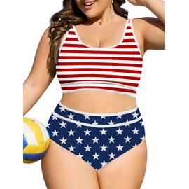 Womens 4th of July Plus Size Bikini Swimsuit High Waisted Fourth of July Patriotic Swimsuits Two Piece American Flag Bathing Suit USA Flag Tummy Control Swimwear 3XL