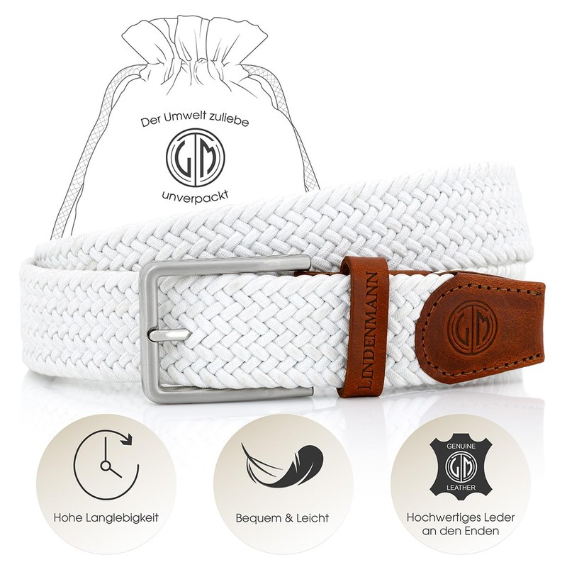 LINDENMANN Men's Stretch Belt Textile Braided Belt for Golf White,