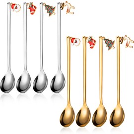 8 Pieces Christmas Spoons Stainless Steel Christmas Coffee Spoons Gold and Silver Tea Spoons Soup Dessert Spoon Cute Christmas Spoon for Stirring Coffee Tea Soup Sugar Dessert Seasoning Ice Cream