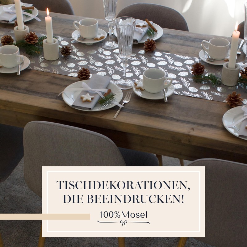 100%Mosel Table Runner Linen Look Grey, Pine Cones in Silver,