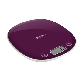 TERRAILLON Elektronische Küchenwaage – Tara, Flüssigkeitsumrechnung, integrierter Griff, Wiegebereich 5 kg, Genauigkeit 1g – Modell 'Macaron Inox' Pflaume