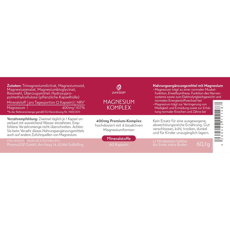 pureSGP Magnesium Komplex - 400 mg reines Premium Magnesium aus