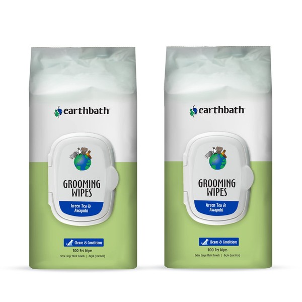 earthbath Green Tea & Awapuhi Pet Grooming Wipes - Safely Wipe Away Dirt and Odor, Aloe Vera, Vitamin E, Good for Dogs & Cats - 100 Count, (Pack of 2)