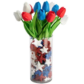 Watayo 80 Independence Day Stars Foam Vase Filler and 12 Artificial Tulips Set, 4th of July Decoration Stars Tulips Vase Stuffer, Patriotic Red White Blue Glitter Vase Filler for Table Centerpiece
