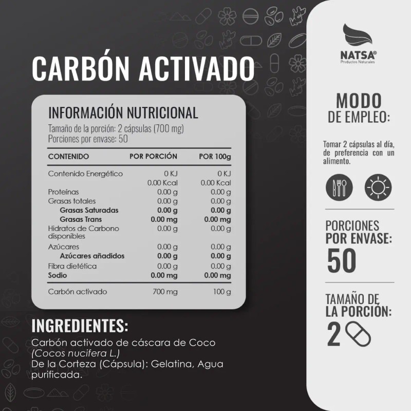Carbon Activado 100 Cápsulas Sabor Natural