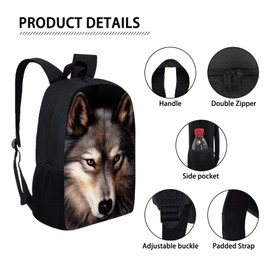 Jeiento 4Pcs Elementary Rucksack Bookbag for Primary Boys School Backpack Set with Lunch Kits Pencil Case Metal Rings Clip Keys Holder,Animal Wolf Pattern