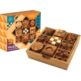BSIRI 9 in 1 Wooden Brain Teaser Puzzles for Adults Teens and Kids Box Set for All Ages Wood Hard Level 10 Impossible Mind Games 3D Puzzle Sets for Decoration and Mini Toys.