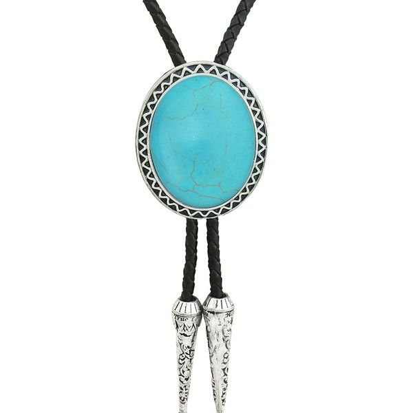 HAISWET Genunie Leather Native Western Turquoise Stone Bolo Tie Silver