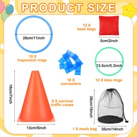 Relaxgiant 71 Pcs Carnival Games Set 4 ft x 4 ft Giant Tic Tac Toe Strap Game, Soft Plastic Cones Bean Bags Ring Toss Game, Hopscotch Ring Game for Birthday Party Outdoor Games Supplies Combo Set
