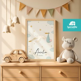 SpecialMe® Baby Poster mit Storch personalisiert | Geburtsposter mit Name & Datum | Geschenk zur Geburt | Wanddeko Babyzimmer Weiss