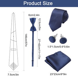 GlasFlength Tie with Pocket Square Set of 4, Bow Tie with Cufflinks for Men, Plain Adjustable Bow Ties, Polyester Ties with Gift Box for Wedding Party (Blue), blue
