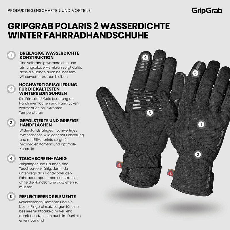 GripGrab Polaris 2 Waterproof Winter Cycling Gloves Primaloft Lined Rain