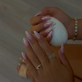 Light Pink Press On Nails Almond - KQueenest Chrome Press On Nails Medium, Sparkle Gel Fake Nails Press on Mirror Shine, Glitter Glue on Nails Medium Stiletto, Reusable Stick On Nails for Women