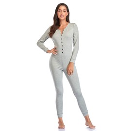 COLORFULLEAF Women's Cotton Thermal Underwear Union Suits Long Onesie Pajamas Base Layer PJ's Loungewear(Grey,XL)