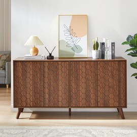 RARZOE Sideboard Buffet Cabinet with Storage, Long Sideboard Storage Cabinet with 4 Doors, Wood Credenza Console Coffee Bar Cabinets with Adjustable Shelves for Living Room Kitchen Dining Room,Walnut