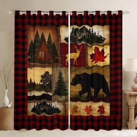 Bear Cabin Plaid Blackout Curtains, Rustic Farmhouse Curtains, Retro Hunting Deer Window Treatments, Country Woodland Pine Tree Curtains Drapes, Maple Leaf Darkening Curtains, Red Black Brown 52"X84"