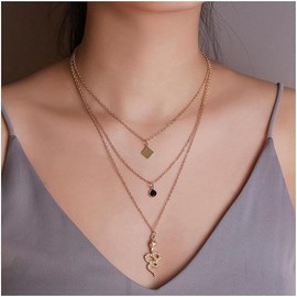 Layered Snake Chain Necklace Tiny Square Pendant Necklace Black Gemstone Chain Necklace Snake Necklaces Jewelry for Women and Girls (Golden, One size)